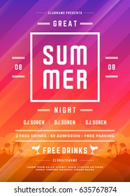 Retro summer party design poster or flyer on abstract background. Night club event typography. Vector template illustration EPS 10.