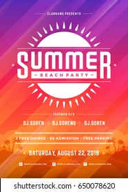 Retro summer party design poster or flyer on abstract background. Night club event typography. Vector template illustration EPS 10.