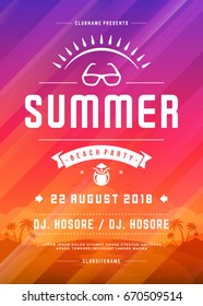 Retro summer party design poster or flyer on abstract background. Night club event typography. Vector template illustration EPS 10.