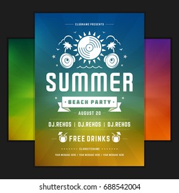 Retro summer party design poster or flyer on abstract background. Night club event typography. Vector template illustration. Included 3 backgrounds with color variation.