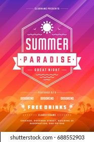 Retro summer party design poster or flyer on abstract background. Night club event typography. Vector template illustration.