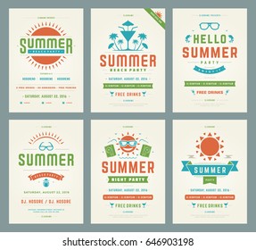 Retro summer party design posters or flyers set. Night club event typography. Vector template illustration EPS 10.