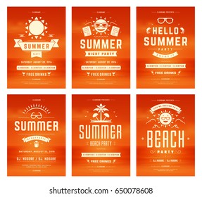 Retro summer party design posters or flyers set. Night club event typography. Vector template illustration EPS 10.