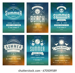 Retro summer party design posters or flyers set. Night club event typography. Vector template illustration EPS 10.