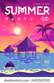 Retro summer party poster with ocean waves, beach, palm trees and bungalow. Vector illustration