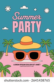 Retro summer party poster with palm trees, beach vibe, and vintage typography for event promotion or seasonal celebration.