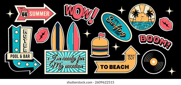 Retro summer party or vacation sticker set. Motel signboard, cactus, burger, lips, palm trees and more. Vector illustration on black background