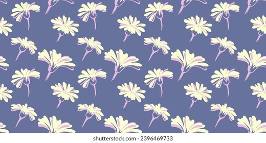 Retro summer pattern with creative simple buds flowers on a pastel blue background. Vector hand drawn  sketch. Ditsy floral. Design for fashion, fabric, wallpaper.