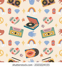 Retro summer pattern with groovy Vintage elements. Seamless Pattern Summer. Hippie Pattern Nostalgic 70s-90s vibes vector hand drawn illustration.
