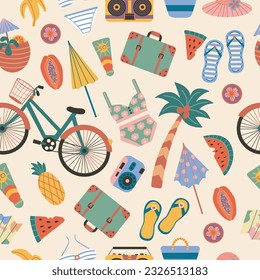 Retro summer pattern with groovy Vintage elements. Seamless Pattern Summer. Hippie Pattern Nostalgic 70s-90s vibes vector hand drawn illustration.