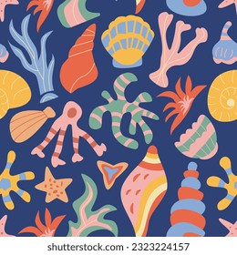Retro summer pattern with Marine design, Sea​​shells Seamless Pattern Summer. Nostalgic 70s-90s vibes vector hand drawn illustration.