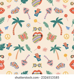 Retro summer pattern with Marine design, Sea​​shells Seamless Pattern Summer. Nostalgic 70s-90s vibes vector hand drawn illustration.