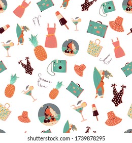 Retro summer pattern, with a surfer girl, with a camera, a peas swimsuit, pineapple, cocktail, retro suitcase. Vector, cartoon illustration. Isolated on a white background.