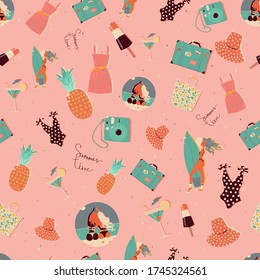 Retro summer pattern, with a surfer girl, with a camera, a peas swimsuit, pineapple, cocktail, retro suitcase. Vector, cartoon illustration. Isolated on a pink background.