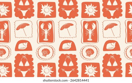 Motif été rétro imprimé été vintage avec homards, soleil, maillots de bain, parapluies, coquillages dans des cadres rétro. Empreinte marine de Vintage.