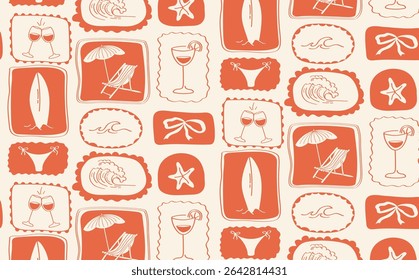 Padrão de verão retrô com copos de vinho, coquetéis, chaise lounge, pranchas de surfe, maiôs e símbolos de praia em estilo vintage. Cartão-postal italiano, selos.Vintage impressão náutica.