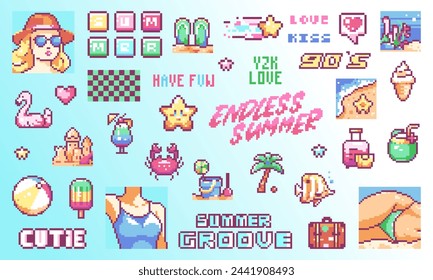 Colección de pegatinas de arte retro de verano: 8 Bit Game Style Iconos de accesorios de moda, gafas de sol, sombrero, helado, puesta de sol, palmera, cangrejo, flamenco, tropical, cóctel, belleza mujer en traje de baño.