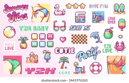 Retro Summer Pixel Collection: 8 bit Beach Party Vibes, Y2K Fashion Icons, Hot Sand, Seductive Dance Swimwear Art, Cute Gamer Prints, Ocean Swimming, Dolphin, Quotes and Stickers in Digital Style.