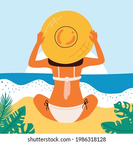 Retro summer poster with a beautiful woman. Great banner for beach party, hotel vacation advertisement. Summer background. Vector.