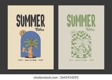 retro summer poster with coconut tree mascot character, vector illustration