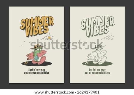 retro summer poster featuring a cartoon frog with a surfboard, vector illustration