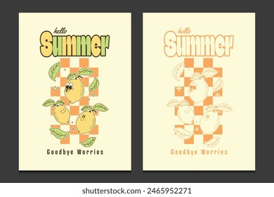 retro summer poster or graphic t-shirt template with lemon mascot character, vector illustration