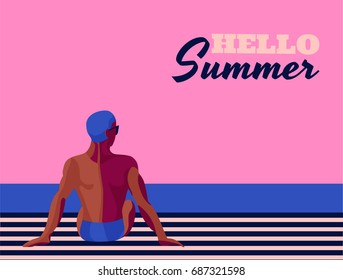 Retro summer poster  with a handsome man tanning  on the beach or pool. Vintage retro colorful illustration.  Great for summer holiday.  Pop art. Vector. 