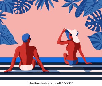 Retro Summer Poster With  A Handsome Man And Beautiful Woman Talking And Sunbathing. Vintage Banner With A Happy Couple. Great Banner For Beach Party, Hotel Vacation Ads. Summer Background. Vector.