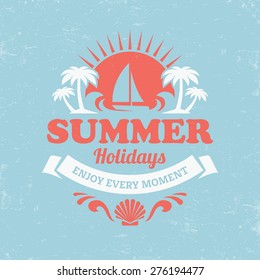 Retro summer poster with palm trees, sailing yacht and sea shell in blue, red and white colors