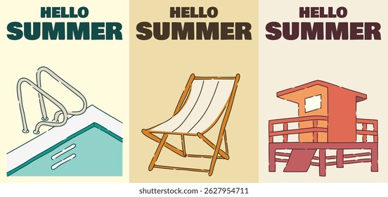 Retro summer poster set featuring pool ladder, beach chair, and lifeguard tower with bold colors and vintage style.