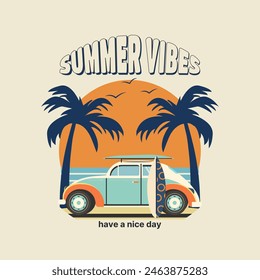 Un cartel de verano retro en el estilo de los años 50-60. Ilustración vectorial para imprimir en camisetas, logotipo, publicidad de vacaciones en la playa, etiqueta engomada.