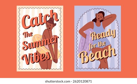 Retro summer posters with bold typography. Two female characters in swimwear with inflatable rings. Phrases Catch the Summer Vibes and Ready for the Beach. Flat vector illustration.