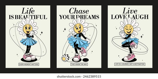 Retro summer posters with a cute cartoon flower character daisy. Trendy retro groovy character style. An illustration with phrases for printing on T-shirts. Vector illustration.