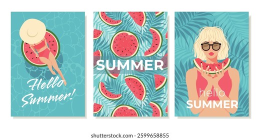Retro Summer Posters with Watermelon Theme. Illustrations of Young Girls in Swimsuits. Vector templates for postcards, advertising flyers 