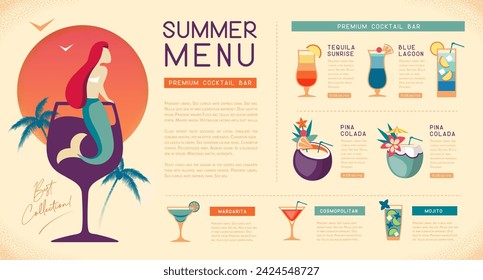 Retro summer restaurant cocktail menu design with mermaid in cocktail glass. Vector illustration