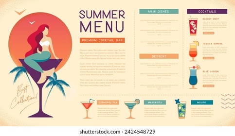 Retro summer restaurant cocktail menu design with mermaid in cocktail glass. Vector illustration