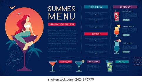Retro summer restaurant cocktail menu design with mermaid in cocktail glass. Vector illustration