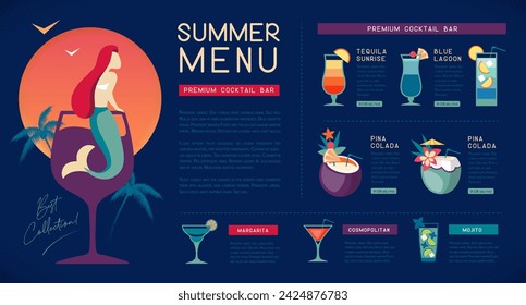 Retro summer restaurant cocktail menu design with mermaid in cocktail glass. Vector illustration