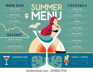 Retro summer restaurant cocktail menu design with mermaid in cocktail glass. Vector illustration