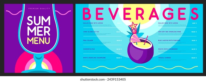 Retro summer restaurant cocktail menu design. Vector illustration