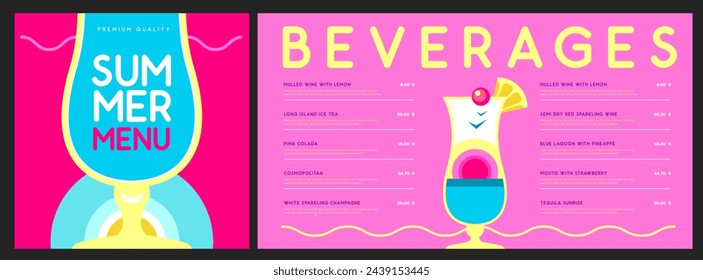 Retro summer restaurant cocktail menu design. Vector illustration