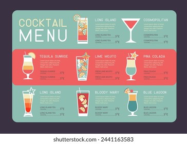 Retro summer restaurant cocktail menu design. Vector illustration