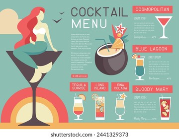Retro summer restaurant cocktail menu design with mermaid and martini glass. Vector illustration