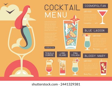 Retro summer restaurant cocktail menu design with mermaid in wine glass. Vector illustration