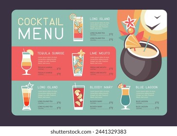 Retro summer restaurant cocktail menu design. Vector illustration