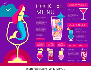 Retro summer restaurant cocktail menu design with mermaid in wine glass. Vector illustration