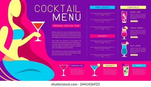 Retro summer restaurant cocktail menu design with mermaid and martini glass. Vector illustration