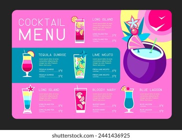 Retro summer restaurant cocktail menu design. Vector illustration