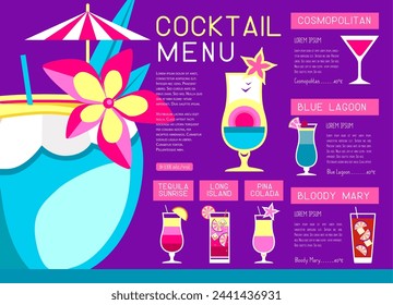 Retro summer restaurant cocktail menu design. Vector illustration