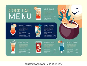 Retro summer restaurant cocktail menu design. Vector illustration